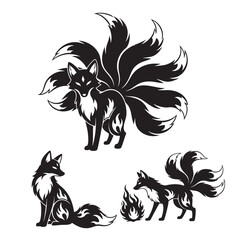 Set of 3 Kitsune Silhouettes as a Japanese Fox Spirit Vector Set