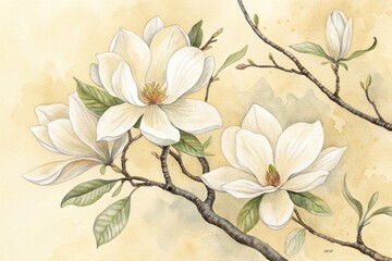 Elegant White Magnolia Blossoms on a Branch Against a Soft Yellow Background