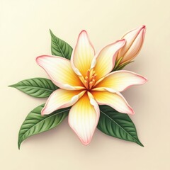 Elegant Pastel Flower with Lush Green Leaves – Botanical Illustration for Floral Decor