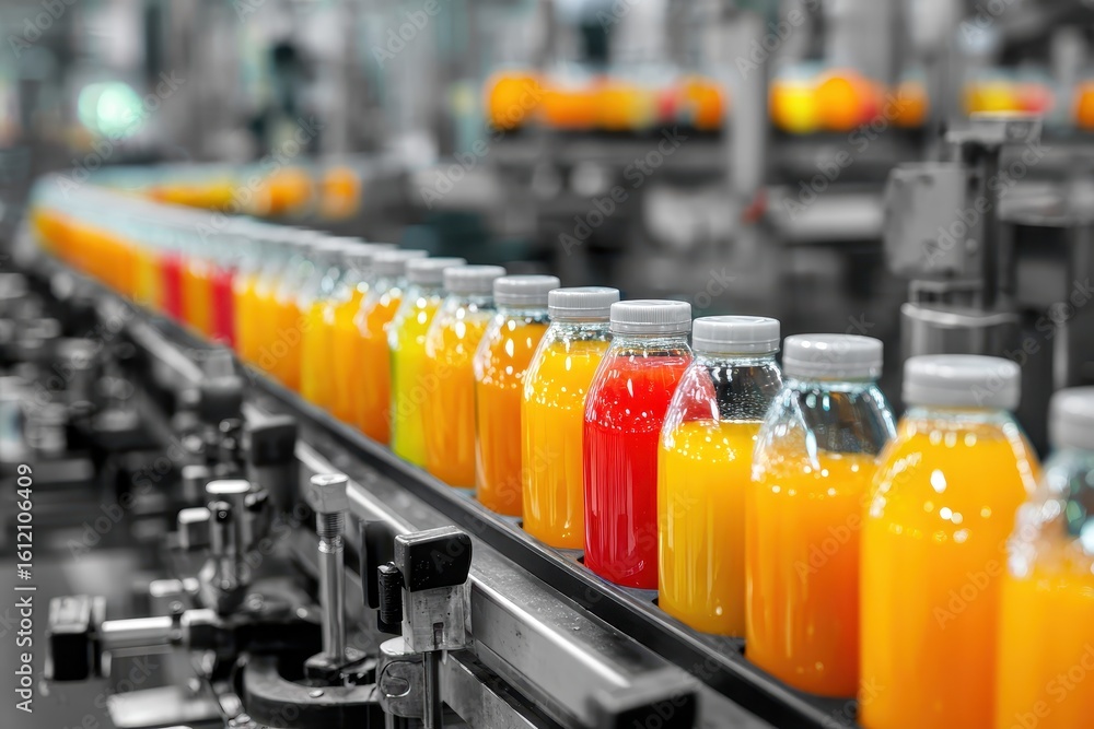 Poster modern production line showcasing the bottling and packaging process of beverages in a factory setti