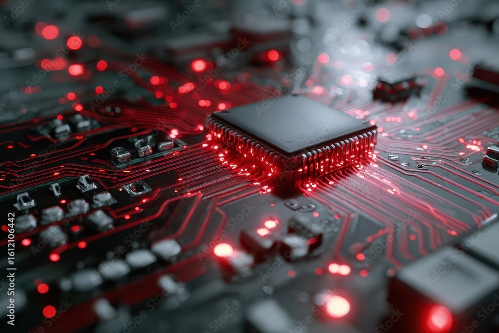 Poster closeup view of a futuristic circuit board illuminated with glowing red lights showcasing advanced t