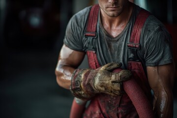 Firefighter preparing hose for emergency response at fire station during daytime in urban setting with strong focus on equipment and dedication