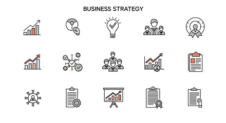 Business strategy icons showing growth charts, team work, and target on a white background ai generated