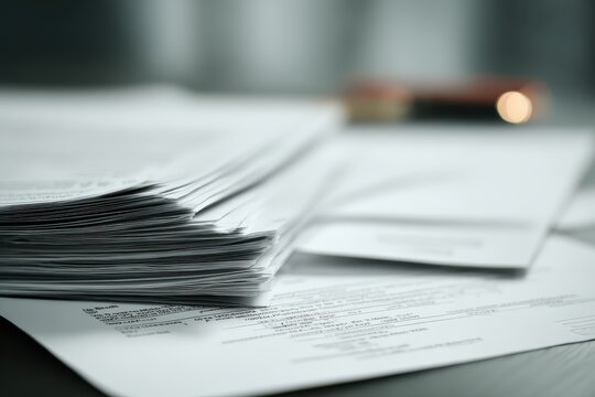 Detailed view of bankruptcy documents stacked on a desk with a blurred background indicating a financial office setting