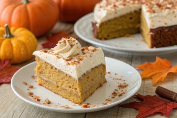 Delicious Pumpkin Cake With Cream Topping and Fall Decorations on a Table