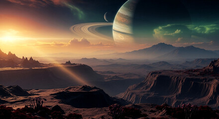 Planet landscape fantasy space ringed planet cosmic background scifi planet surface mountain range horizon sky