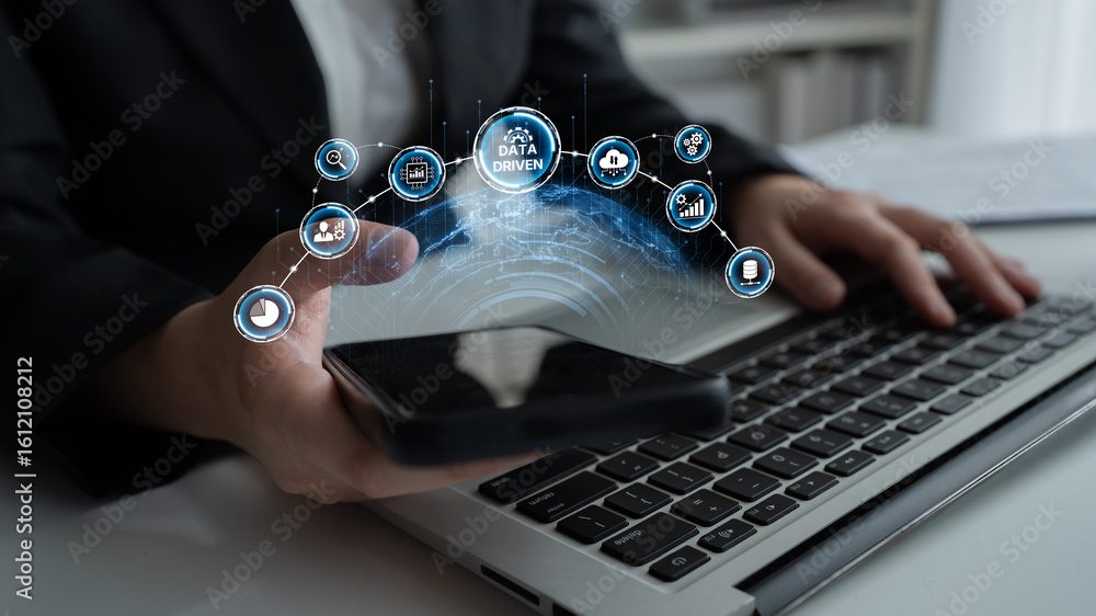 Poster data-driven decision-making empowers business through analytics, datum collection, and ai systems. d