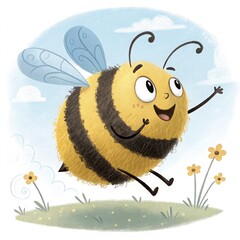 A happy bumblebee with a round, fuzzy yellow and black-striped body, fluttering in the air. It has tiny translucent wings, a smiling face, and big, curious eyes