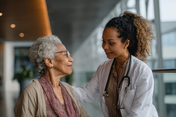 Caring doctor interacts with elderly patient in a modern healthcare setting emphasizing compassion and professionalism during a routine check-up