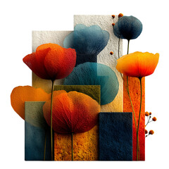 Creative abstract art combining nature and architecture using foam-textured blooming flowers and colorful structural blocks for a vivid, surreal floral skyline on a transparent background