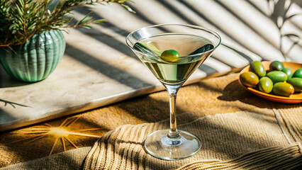 Glass of martini with green olives illuminated by soft sunlight; a cozy, inviting presentation perfect for showcasing refined casual moments and beverage connoisseurship.