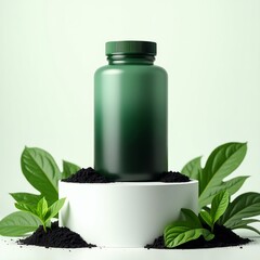 Black humic acid liquid fertilizer bottle with green plants and soil on white background