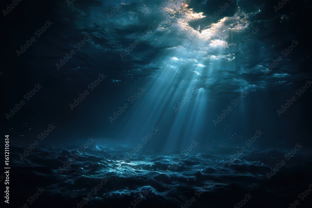 Poster mystical underwater abyss illuminated by enchanting rays of light breaking through the dark ocean su