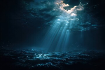 Obraz premium Mystical underwater abyss illuminated by enchanting rays of light breaking through the dark ocean surface at twilight