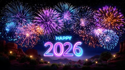 A colorful fireworks display with the words Happy 2016 written in neon