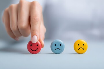 A hand is holding up three wooden smiley faces, one red, one blue