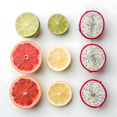 Fototapeta premium Arrangement of Sliced Citrus and Dragon Fruit on a White Surface for Culinary Use
