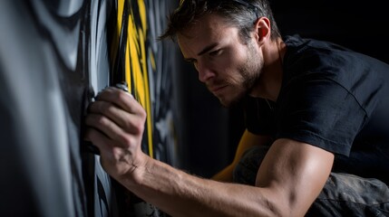 A man is painting a wall with a brush