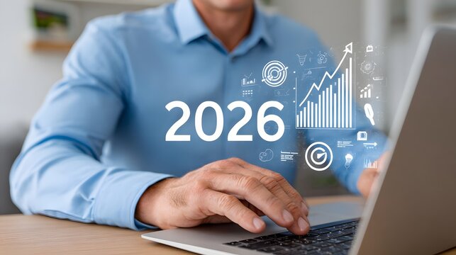 A man is typing on a laptop with the year 2016 written on the screen - Powered by Adobe