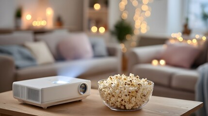 A white projector is on a table next to a bowl of popcorn