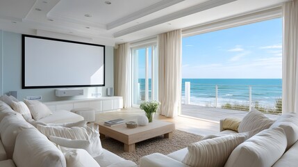 A large white living room with a white couch, a coffee table