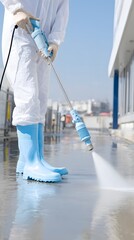 A man in a white suit is using a pressure washer to clean a sidewalk