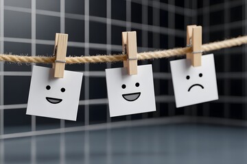 Three paper clips with different faces hanging on a rope