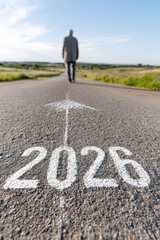 A man walks down a road with a white arrow pointing to the right