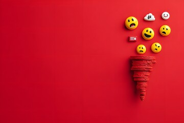 A red background with a bunch of faces, including a sad face, and a smiley face