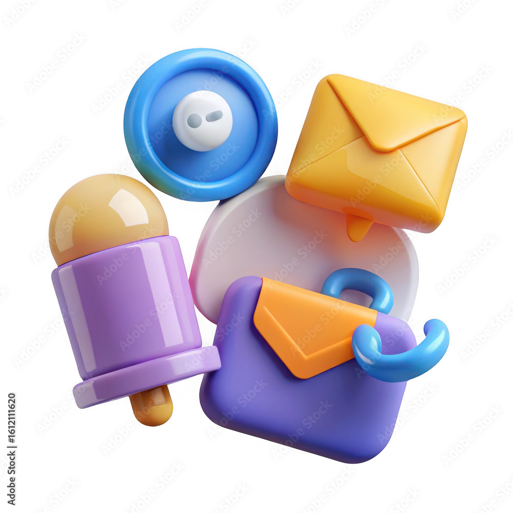 Poster 3d icons of mail bag and button isolated on transparent background