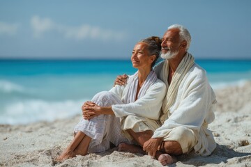 Fototapeta premium Happy mature couple enjoying a relaxing day on the beach while sitting on soft sand under a clear blue sky during warm weather