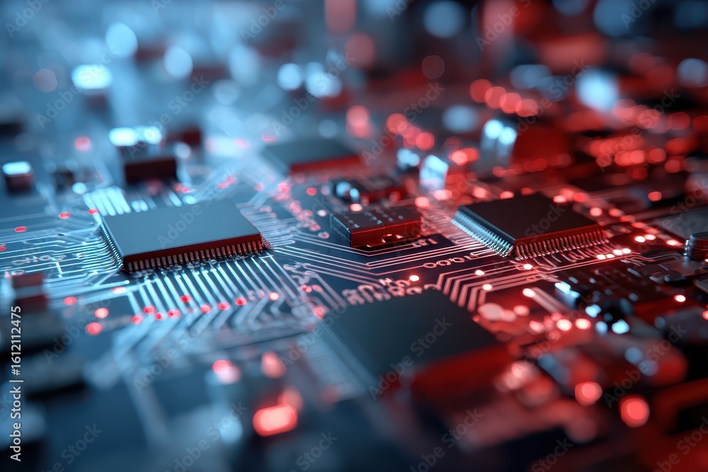 Poster red circuit board showcasing intricate components and pathways in a close-up view highlighting moder