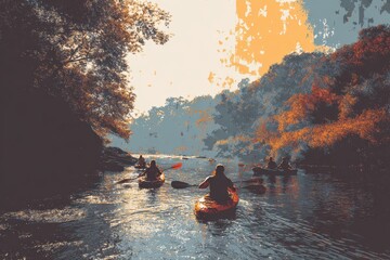 Kayaking adventure with friends on a tranquil river surrounded by lush trees during a colorful sunset