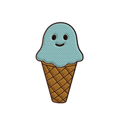 Embroidery happy blue ghost ice cream with a soft pastel tone, perfect for digital whimsical Halloween gift tags, mobile wallpapers, and pastel-themed seasonal digital designs.