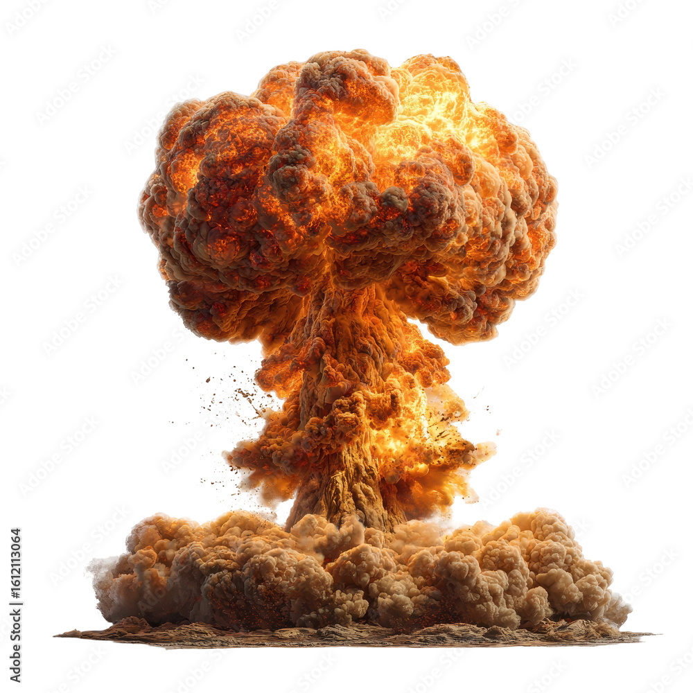 Poster explosive mushroom cloud rises into the sky during a detonation at a remote testing site in the earl