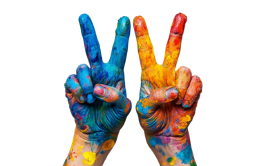 Overhead view of hands stained with vibrant colors creating heart shape for Holi celebration isolated on transparent background PNG