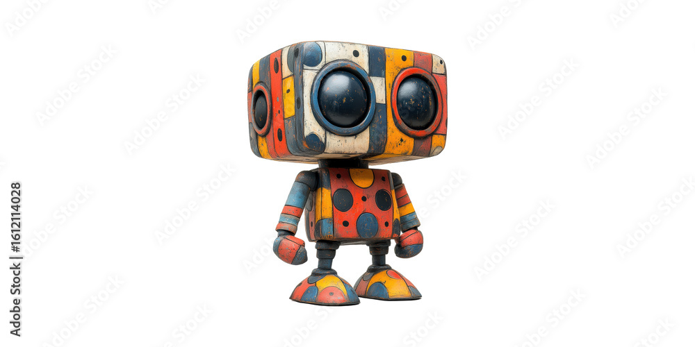 Poster colorful vintage robot toy with geometric patterns. retro design and playful aesthetic isolated on t