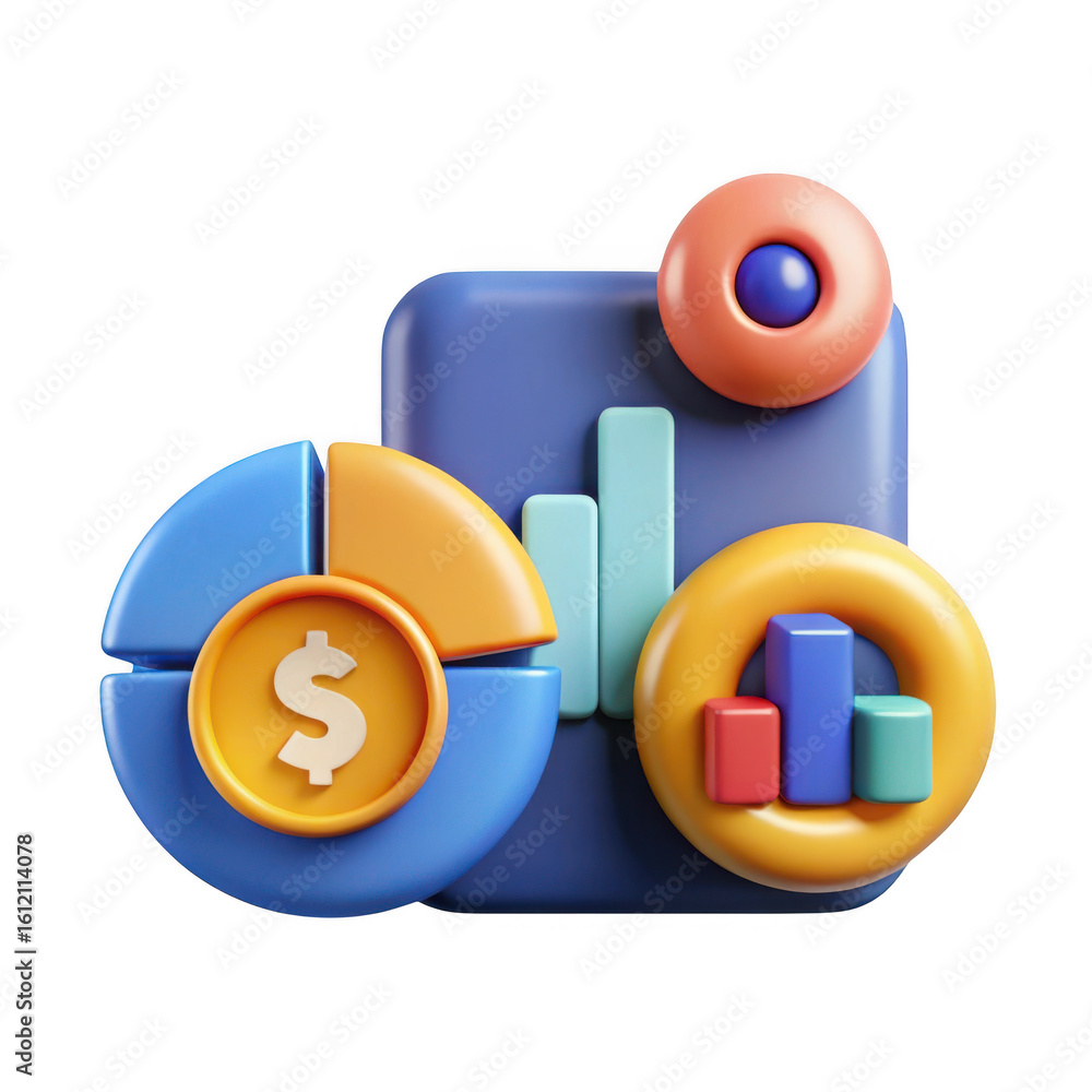 Poster 3d financial data visualization icons isolated on transparent background