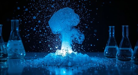 A blue chemical reaction with beakers and liquid creating a mushroom cloud in a dark environment
