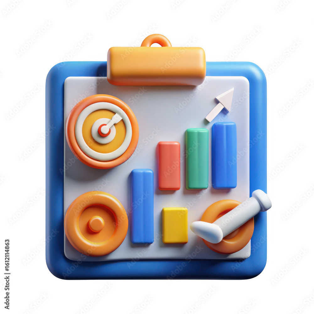 Poster 3d business analytics clipboard with charts and target isolated on transparent background