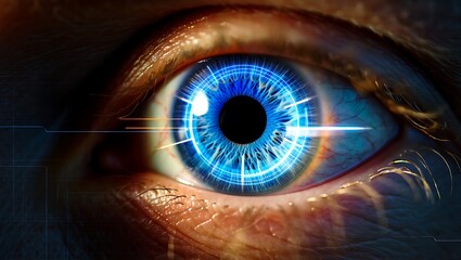 Close up of a human eye with a futuristic blue iris and glowing lines