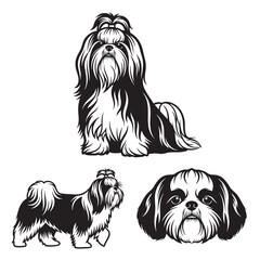 Set of 3 Shih Tzu Silhouettes as a Long Haired Toy Dog Icon Set