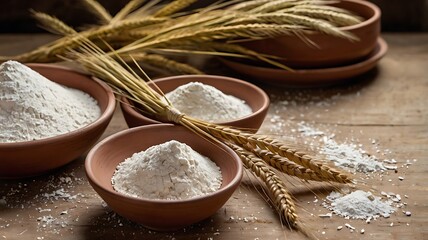 Flour and sea salt on wooden background with natural cooking ingredients