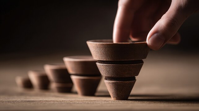 Wooden cups of varying sizes are being stacked on a wooden surface, creating a sense of order and balance. Hand placement of the cups.