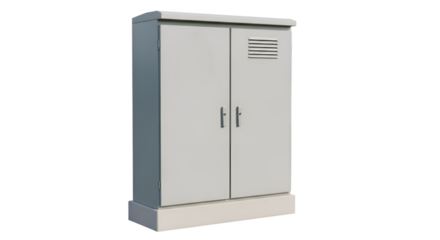 A gray electrical cabinet is isolated on transparent background