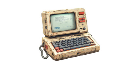 Vintage Retro Computer With Keyboard And Screen. Nostalgic Technology And Computing History Isolated On Transparent Background