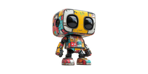 Fototapeta premium Colorful Cartoon Robot Toy With Patchwork Design. Playful And Creative Character Illustration Isolated On Transparent Background