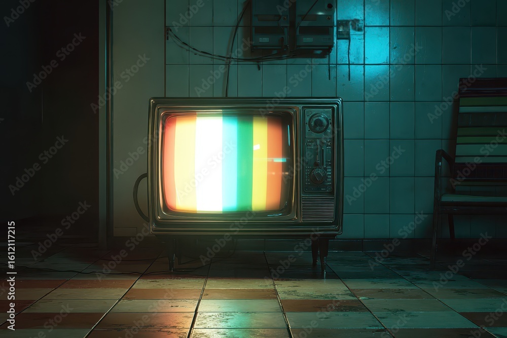 Poster technical difficulties illuminated on an old retro television set placed in a dimly lit room with ti