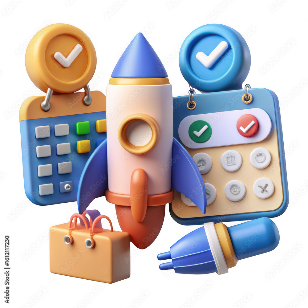 Aufkleber 3d rocket launch with calendar and briefcase isolated on transparent background