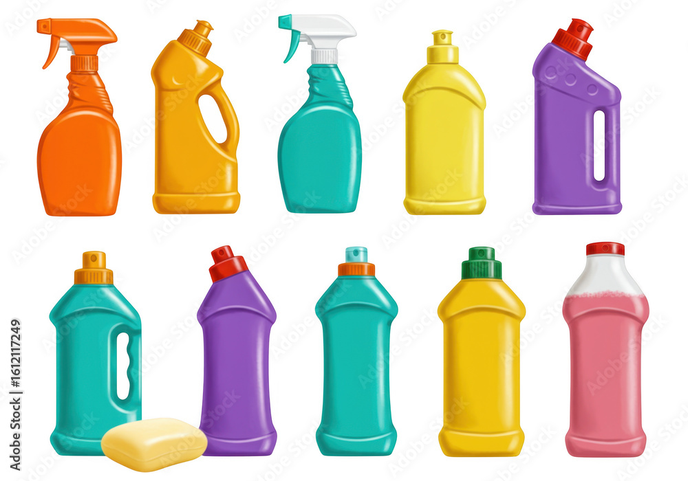 Poster 3d cleaning product bottles set isolated on transparent background